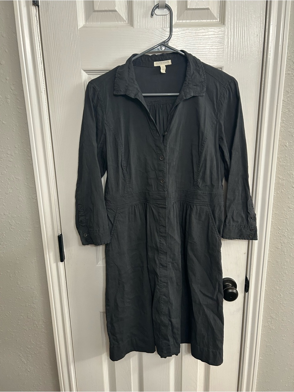 EILEEN FISHER Dark Academia Minimalist Linen Blend Shirt Dress Gray petite small